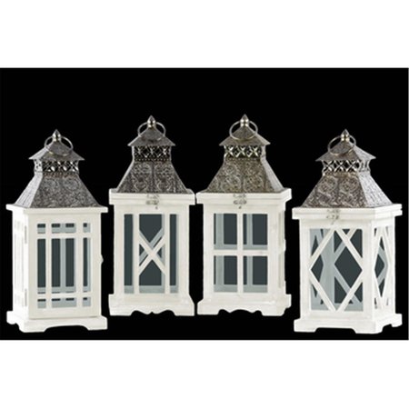 URBAN TRENDS COLLECTION Wood Square Lantern with Silver Pierced Metal Top White 40196AST